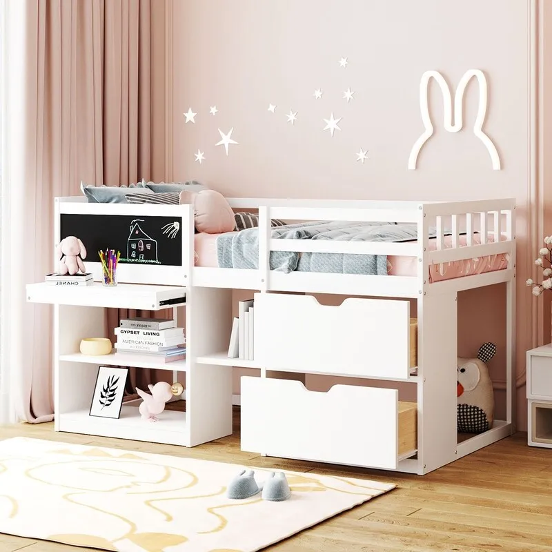 Gray / White / Espresso Twin Loft Bed with Desk, Shelf & Drawers – 1 Person