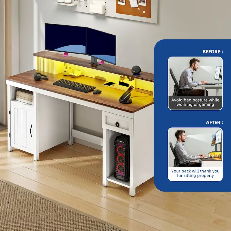 Moasis Farmhouse Wood Office Desk with Drawer and LED Strip & Power Outlets