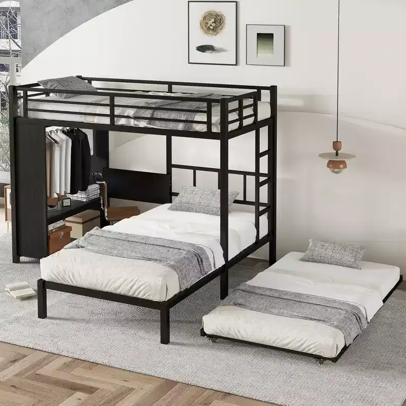 Bellemave Bunk Bed with Trundle and Built-in Wardrobe,Metal Bunk Bed Frame with Foldable Desk and Ladder, Noise-reduced design,Black