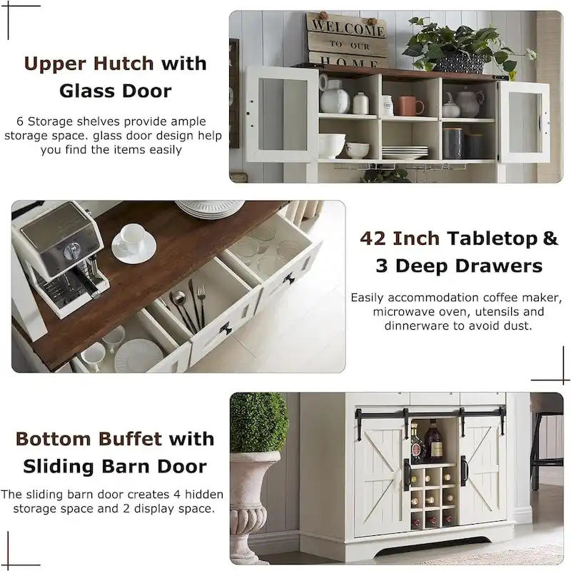Farmhosue Bar Cabinet, Kitchen Buffet, Coffee Bar Sideboard Table