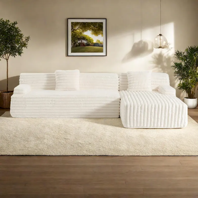 Faux Rabbit Fur L-Shaped Sectional Sofa with Throw Pillows – Beige, 110