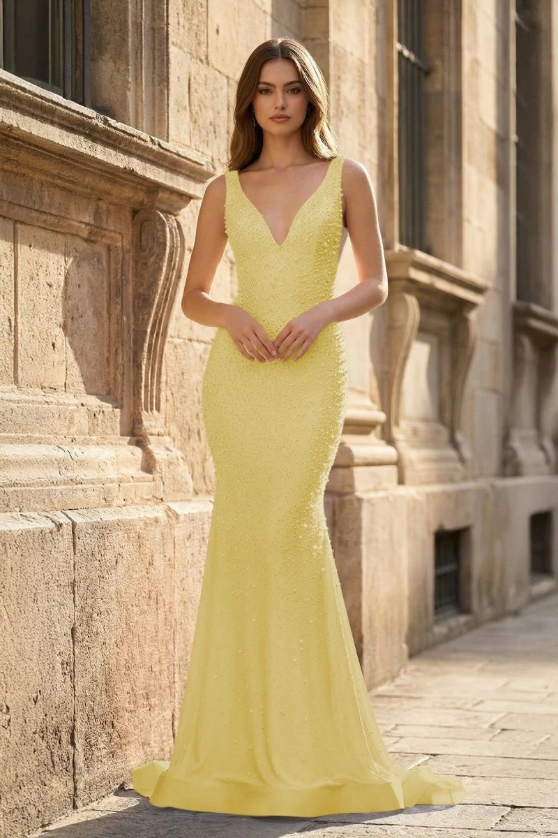 Pink V Neck Mermaid Satin Long Prom Dresses With Pearls