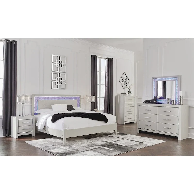 Signature Design by Ashley Zyniden Silver Upholstered Panel Headboard with 2 Nightstands