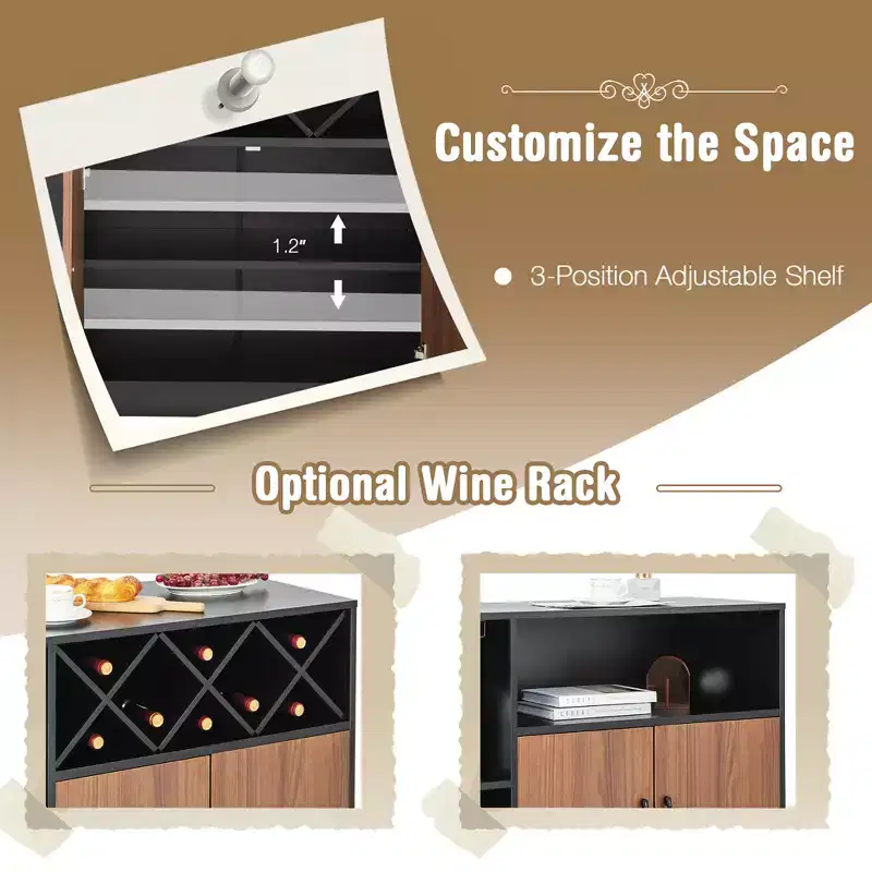 Industrial Wine Bar Cabinet Sideboard Buffet with Glass Holder & Adjustable Shelf, 45.5