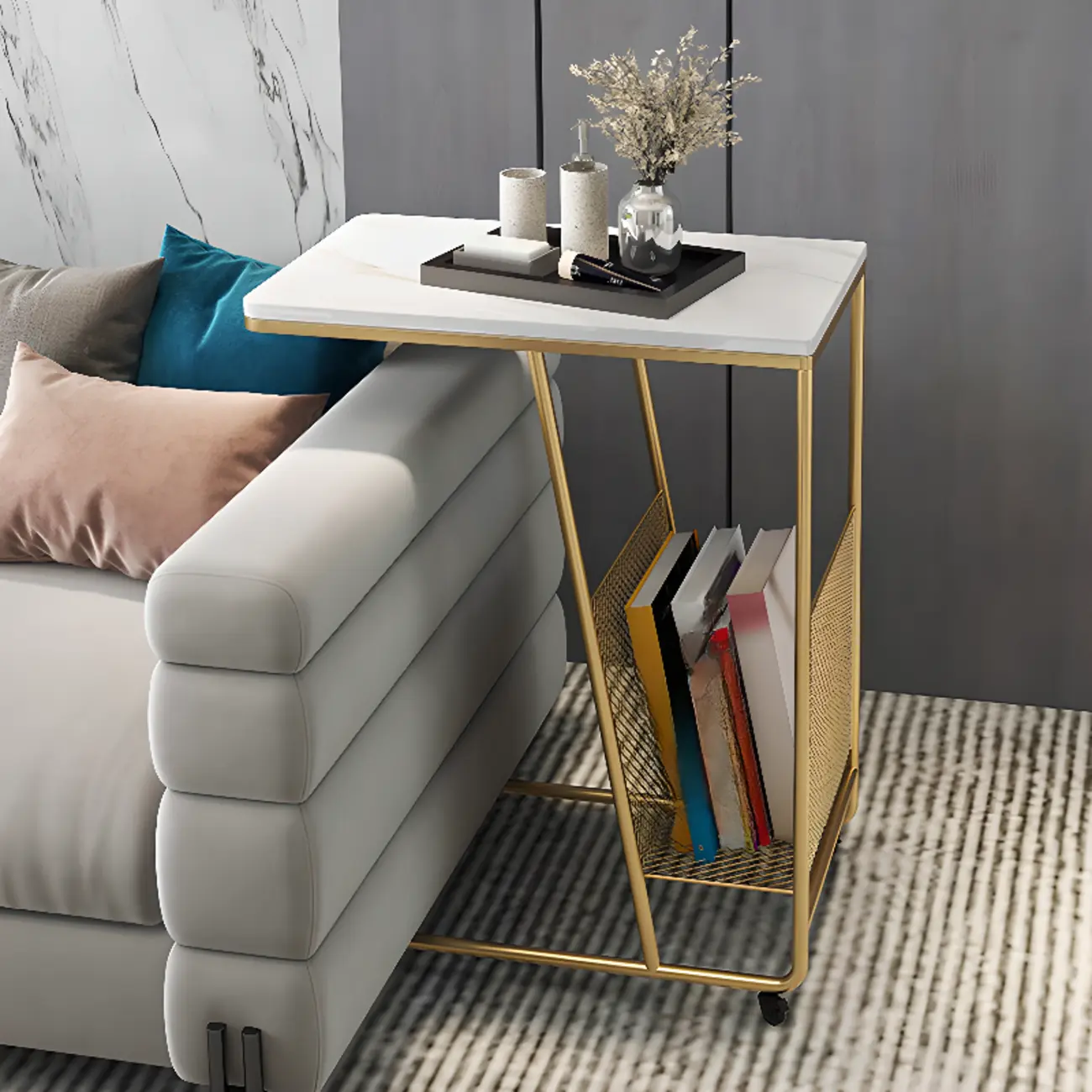 Metal C-Shaped Marble Top End Table with Magazine Rack