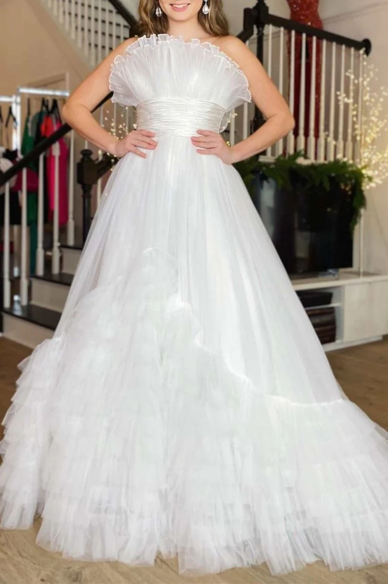 A-Line Strapless Pink Tiered Long Tulle Prom Dress