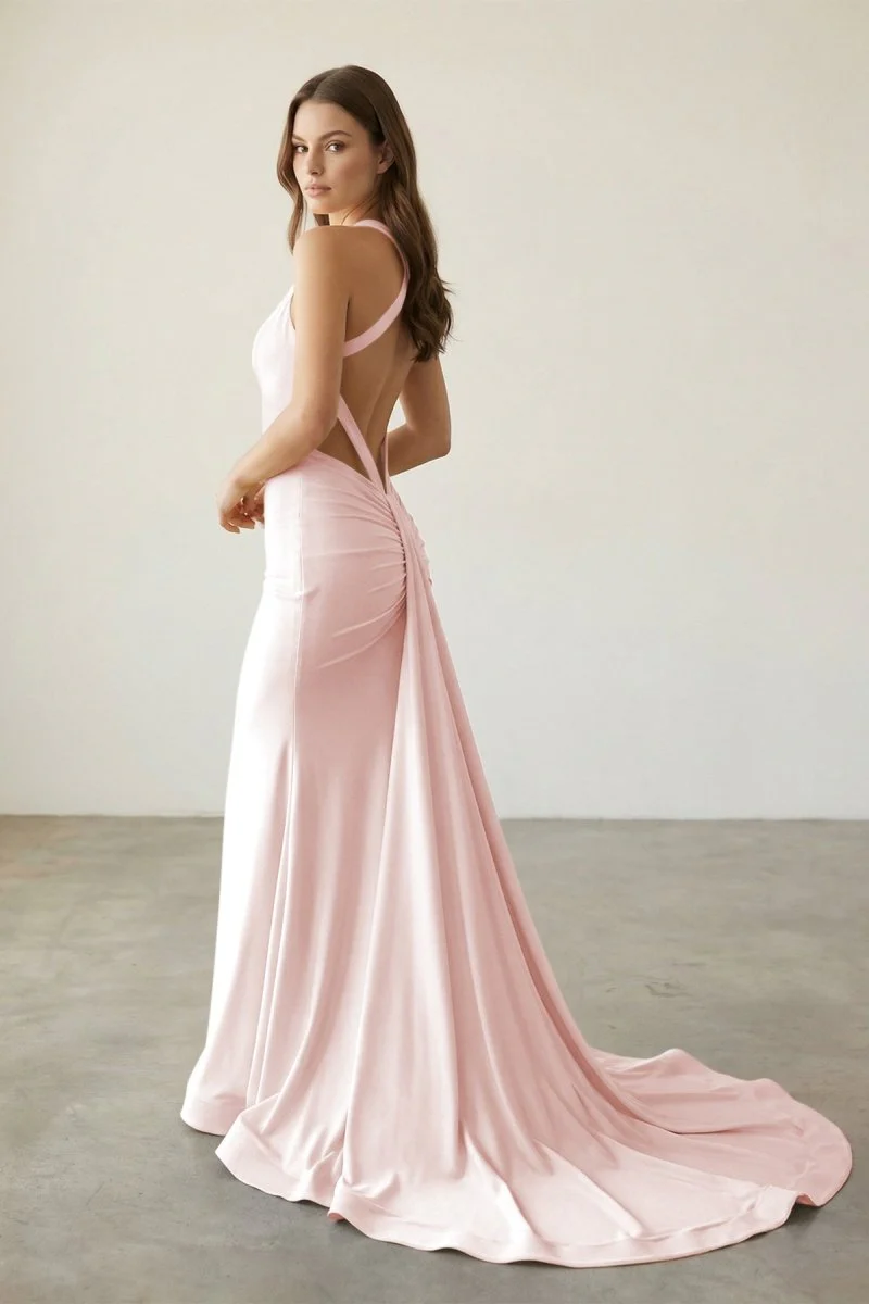Pink V Neck Satin Mermaid Open Back Long Formal Prom Dresses