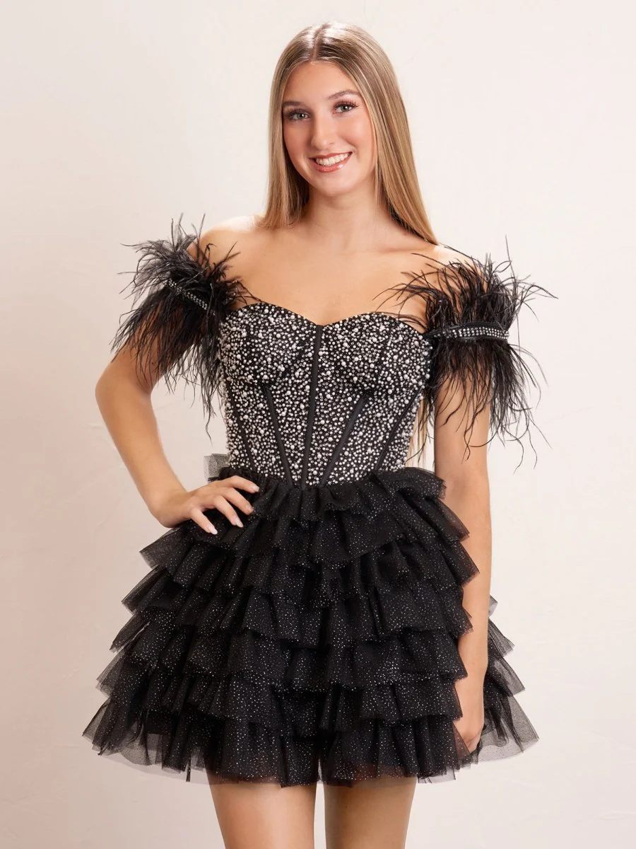 A Line Off the Shoulder Beaded Homecoming Dress with Feathers