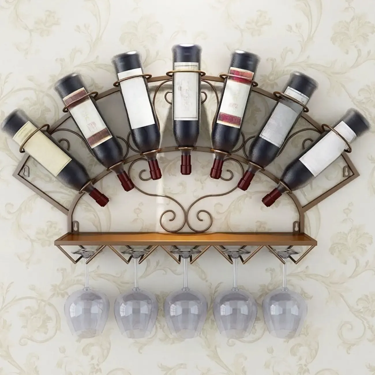 Fan-shaped Simple Metal Wall-Mounted Wine Bottle & Glass Rack