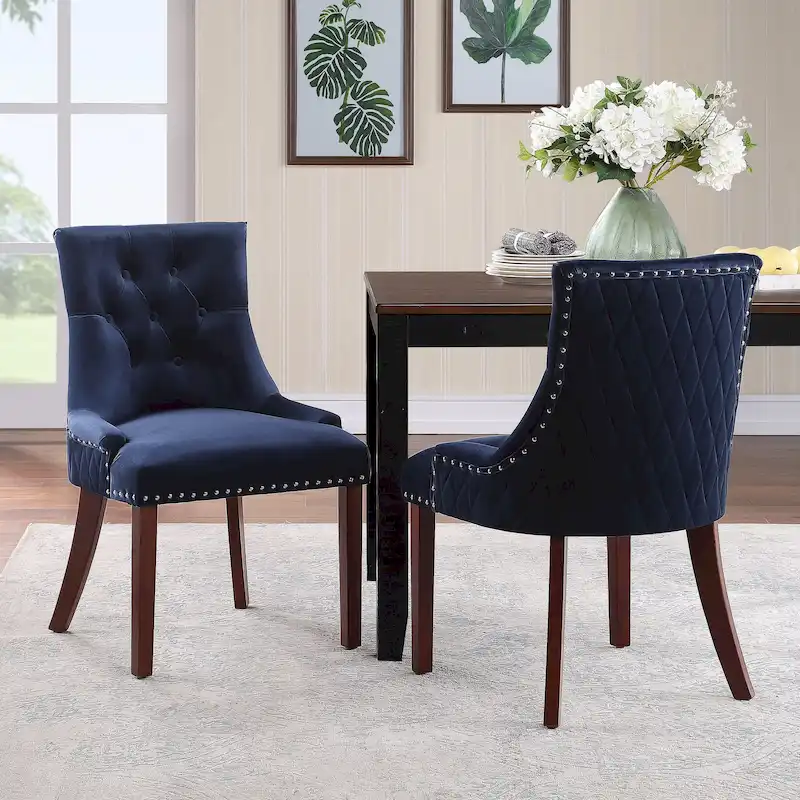 Set of 2 Tufted Velvet Dining Chairs with Poplar Wood Legs, Foam-Filled Upholstered Seat