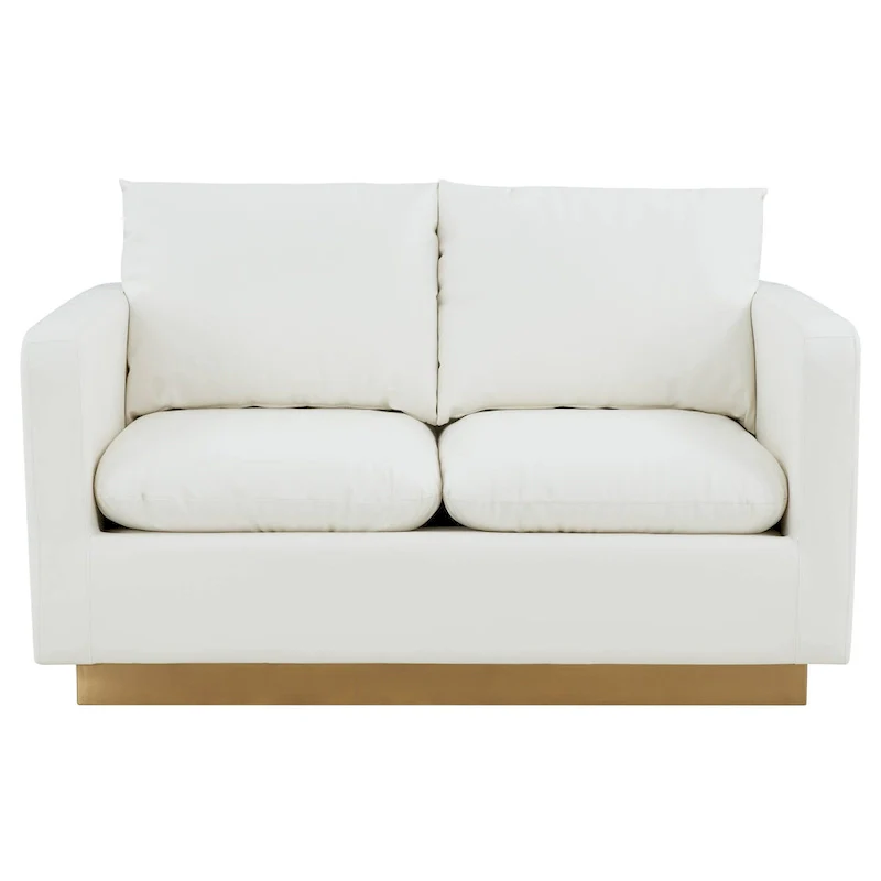 LeisureMod Nervo Modern Leather Loveseat With Gold Base & Cushions - 55.9