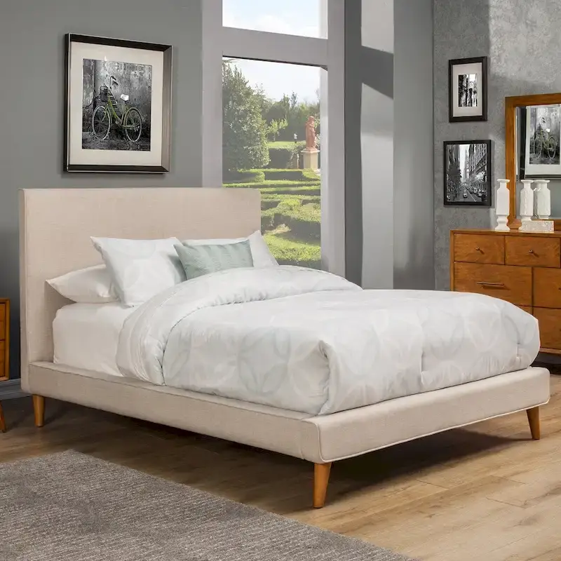 Light Grey Mid-Century Modern Linen Upholstered Platform Bed | Full/Queen/King/Cal King