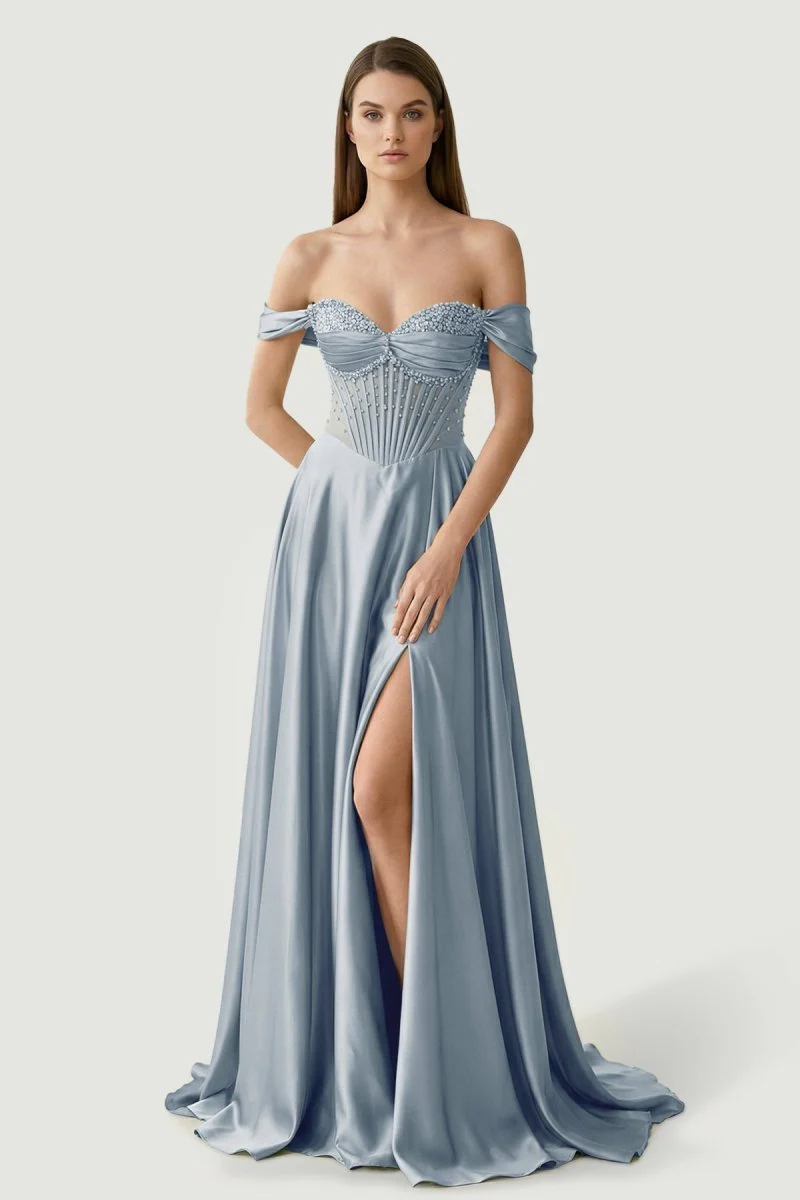Sage Off The Shoulder A Line Satin Beaded Prom Dresses With Slit