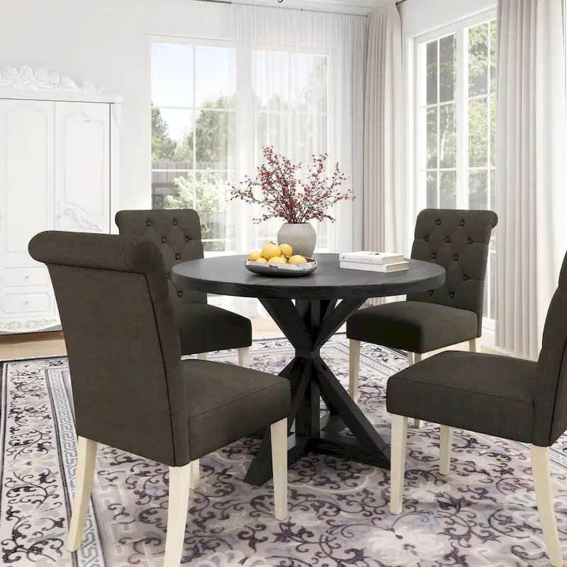 5 Piece Dining Table Set, Wooden Kitchen Furniture Set, Round Table with Cross-Buck Pedestal Base and 4 Tufted Chairs