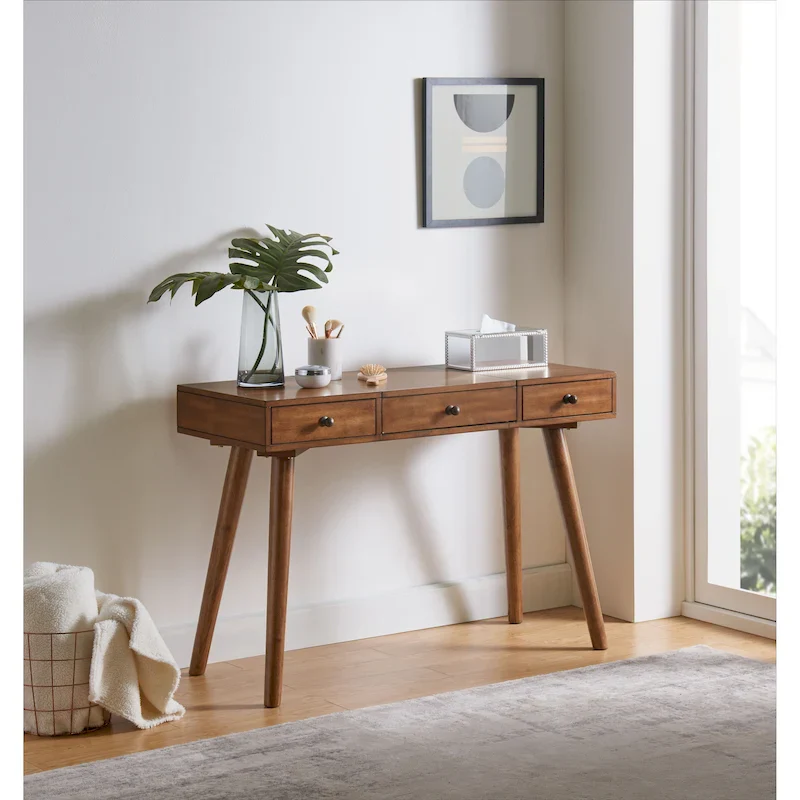 Cinnamon / White Grey Black Mid-Century 2-Drawer Vanity Desk with Mirror, Single