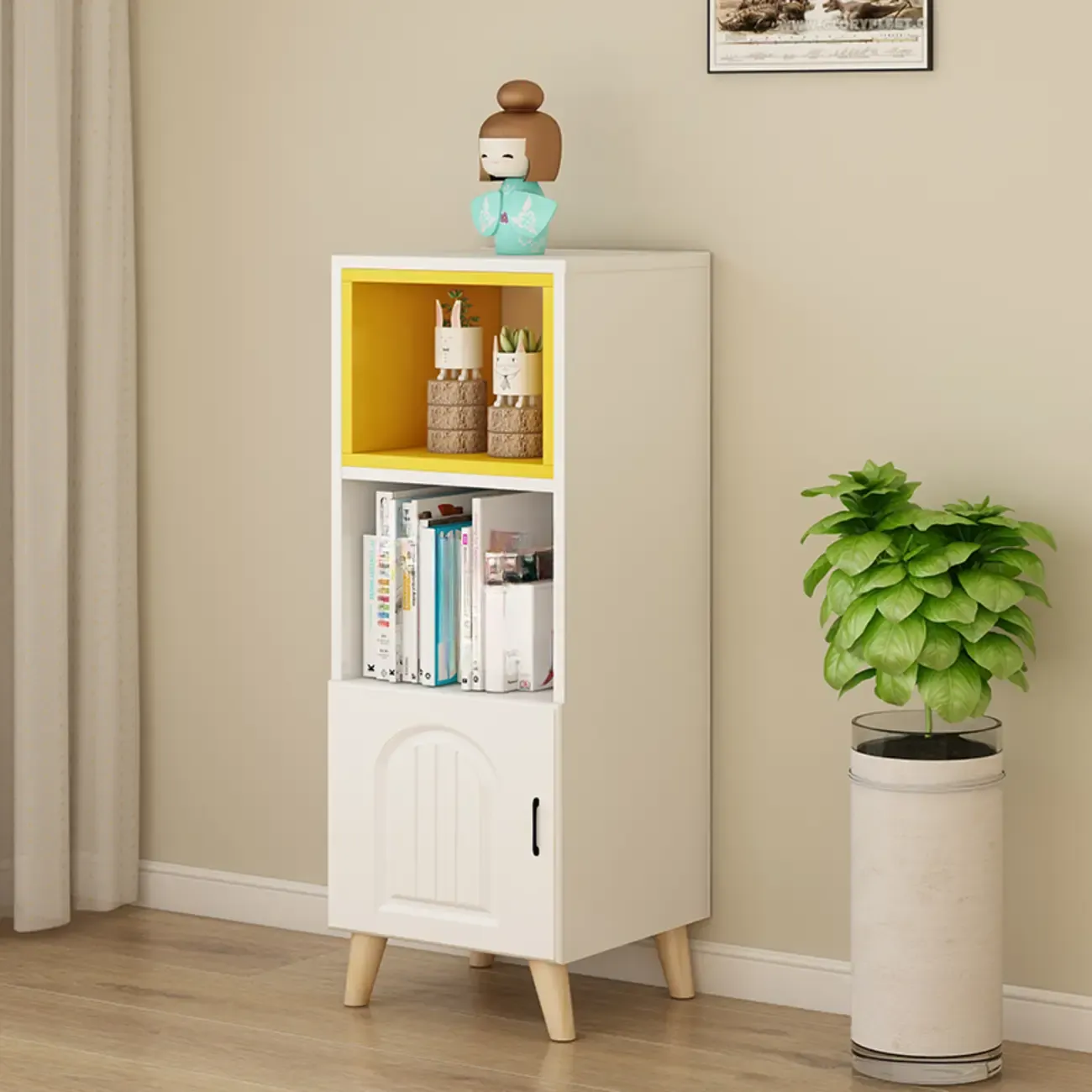 Wood 3-Tier White and Yellow Cube Bookcase with Cabinet
