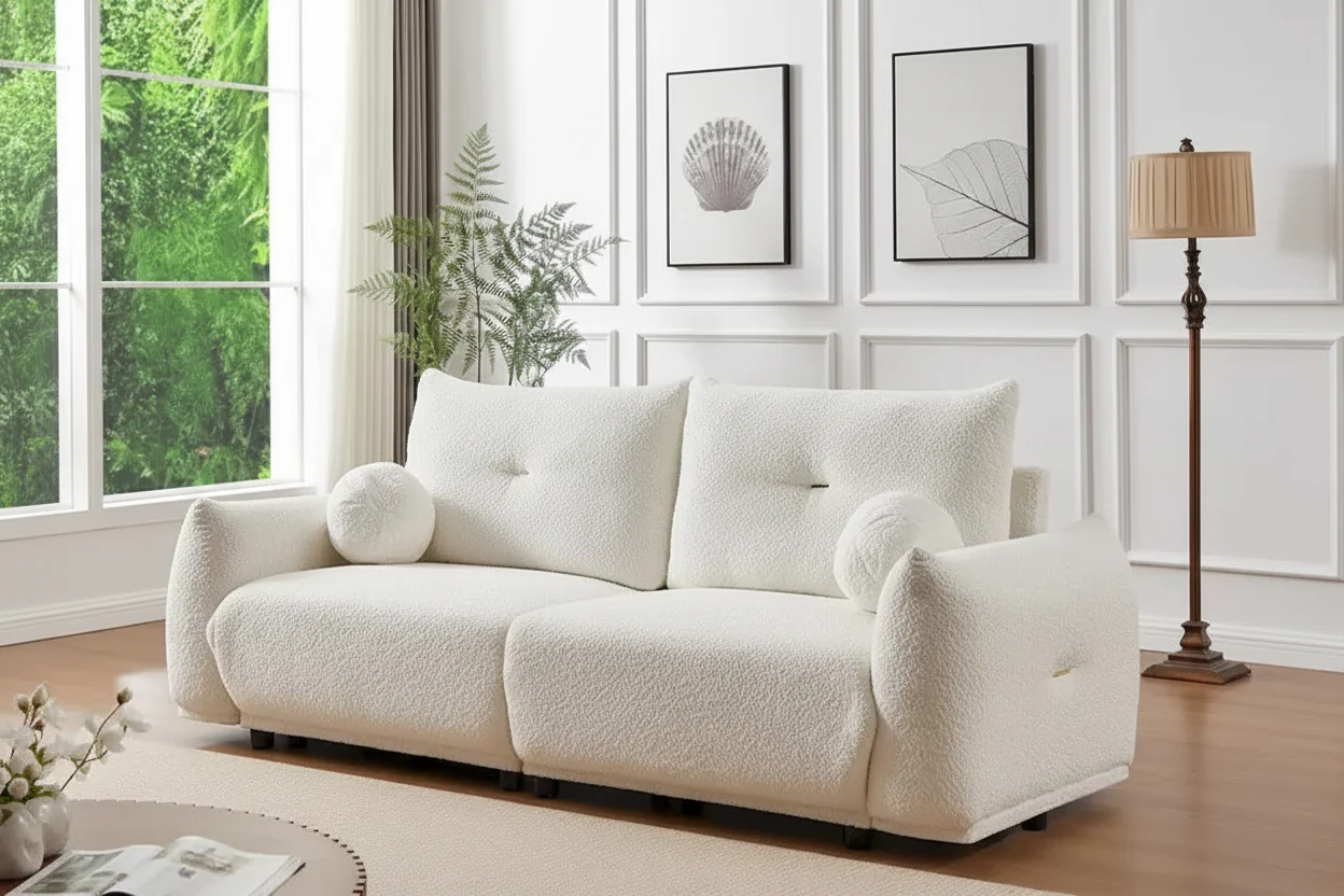 2-Seater Sofa 90 Lambswool Fabric High-Density Foam Mid-Century Modern 2 Pillows 750 LBS