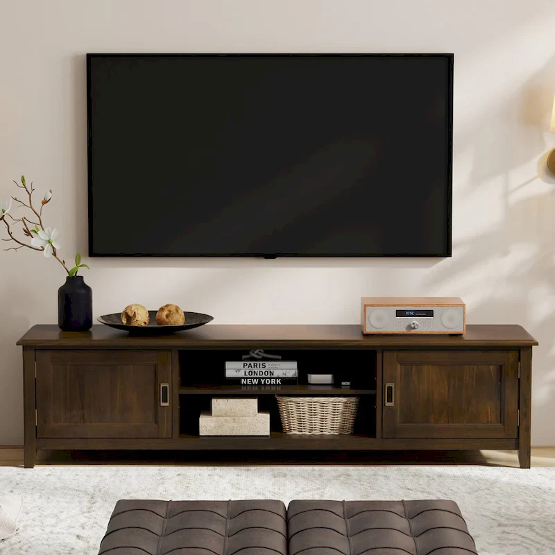 WYNDENHALL Portland SOLID WOOD 72  Wide Transitional TV Media Stand in Mahogany Brown For TVs up to 80  - 17  D x 72  W x 20  H