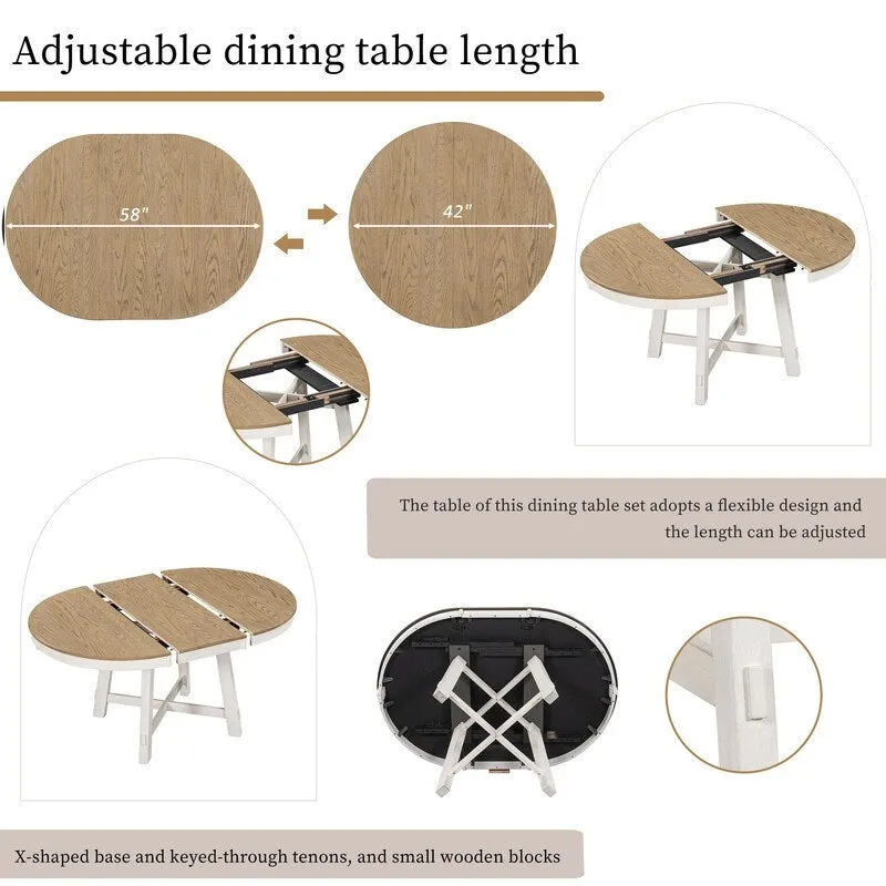 5-Piece Farmhouse Dining Table Set Wood Round Extendable Dining Table and 4 Upholstered Dining Chairs