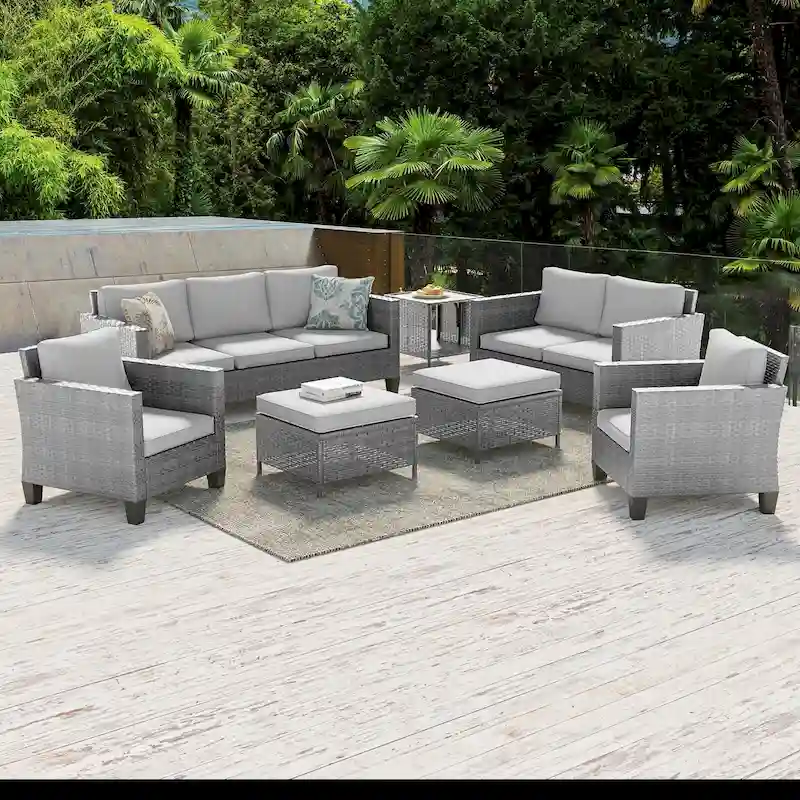 Livoosun 7 Pieces Furniture Set with Loveseat Sofa, All-Weather PE Rattan Wicker Chair Set Patio Conversation Couch with Cushion