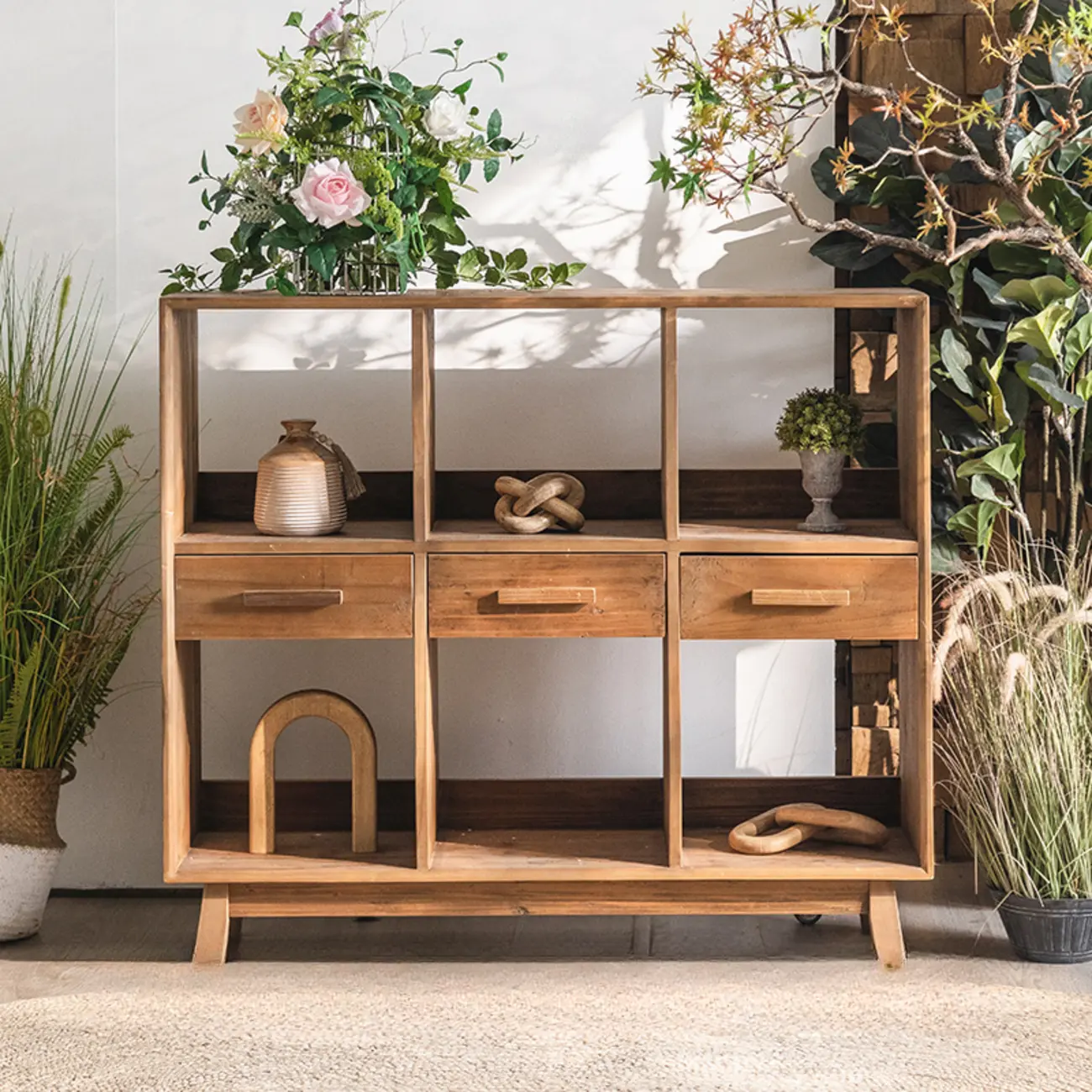 Traditional Multi-Shelves Brown Wooden Flip-Up China Cabinet