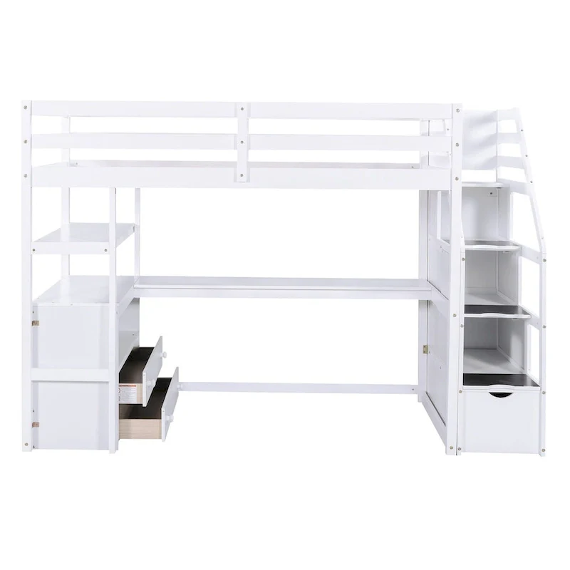 Twin Size Loft Bed with Desk, Shelves and Drawers – Grey/White, Single Sleeper