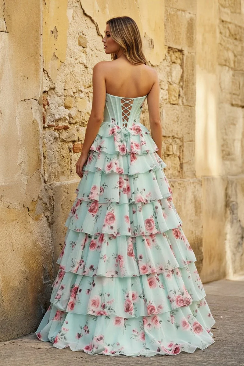 Mint Green Strapless A Line Chiffon Ruffled Long Prom Dresses With Floral