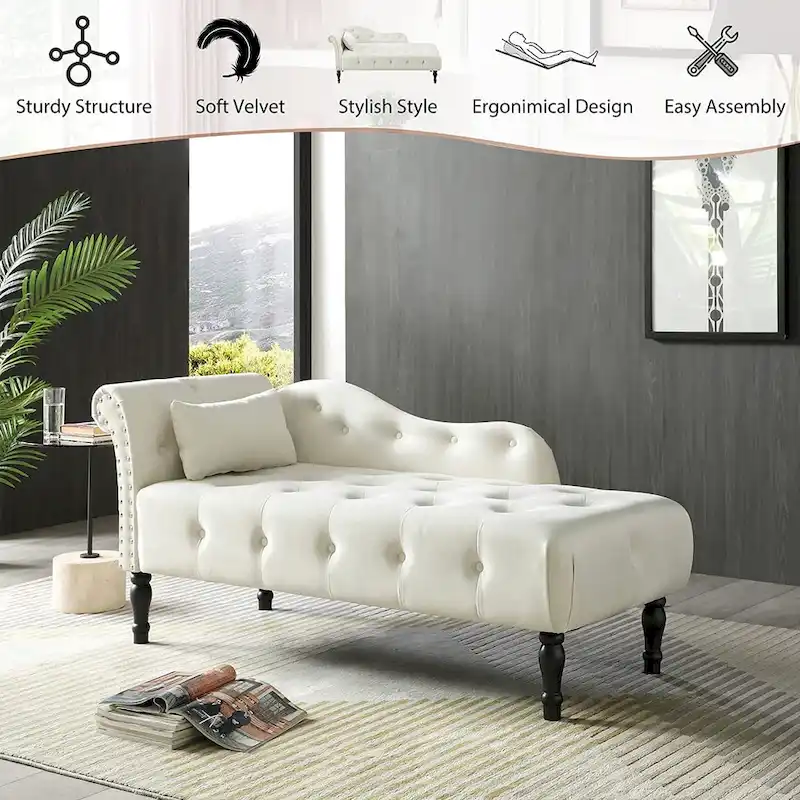 61 Velvet Chaise Lounge Chair with 1 Pillow and Nailhead Trimmed