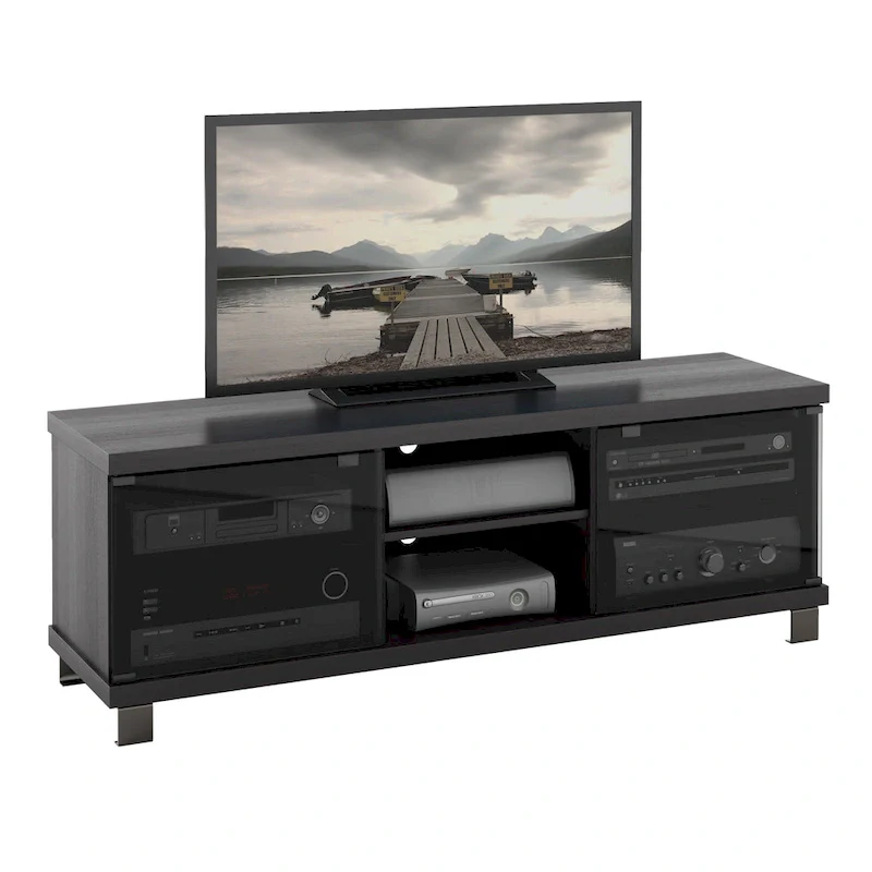 Black TV Stand with Tinted Tempered Glass Doors & Adjustable Shelves – Fits TVs up to 75 in