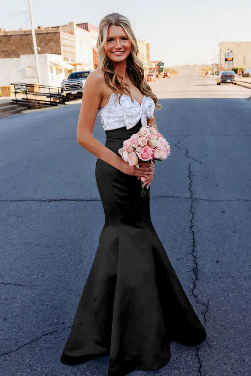 Pink Mermaid Satin Strapless Long Prom Dresses with Beaded Bow