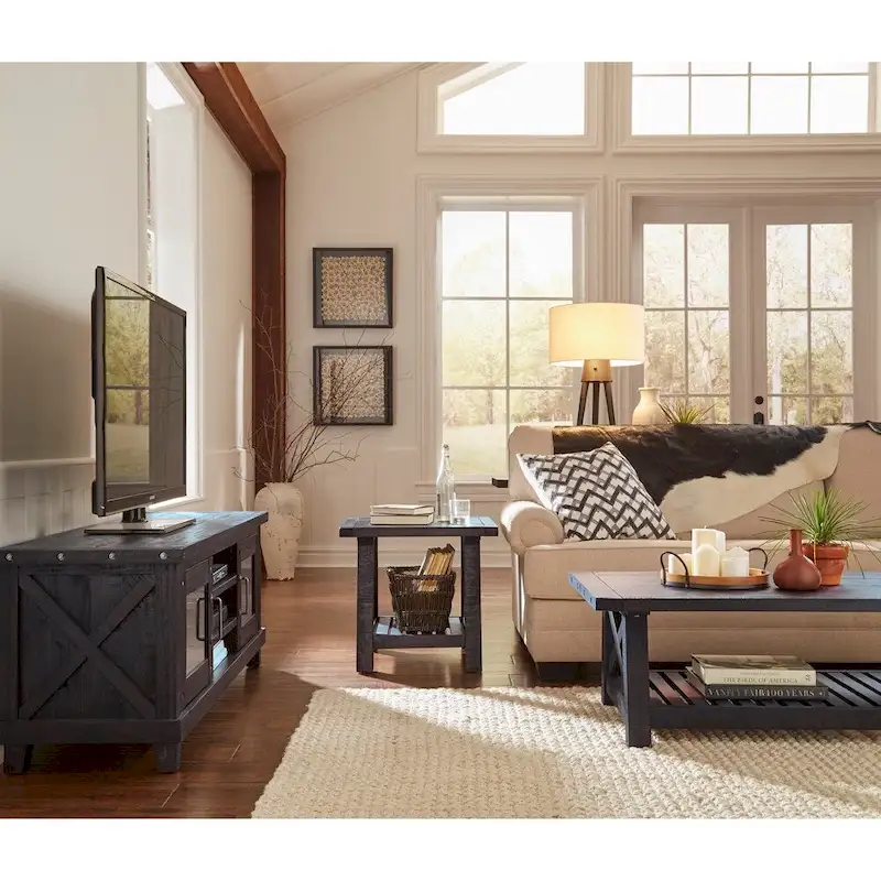 Three Open Shelves Entertainment Center with Exposed Bolts and Cross Bracing, Brown