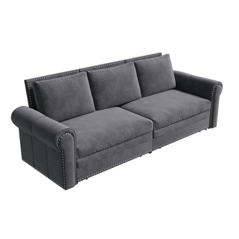 3-in-1 King Pull Out Sofa Bed Chesterfield Sofa, Velvet/Faux Leather Convertible Sleeper Sofa with Nailhead Trim & Rolled Arm