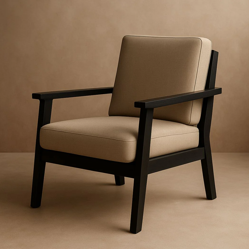 Fauteuil en bois massif et tissu beige moderne pour salon