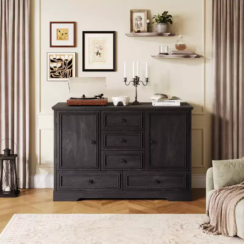 47 Farmhouse Sideboard Buffet Cabinet, Sideboard Storage credenza with 5 Drawers and 2 Doors, Wood Coffee Bar Cabinet, Buffet Table for Dining Room