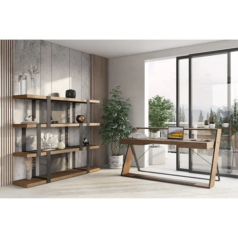 Walnut & Black Modern Bookshelf with Glass Panels