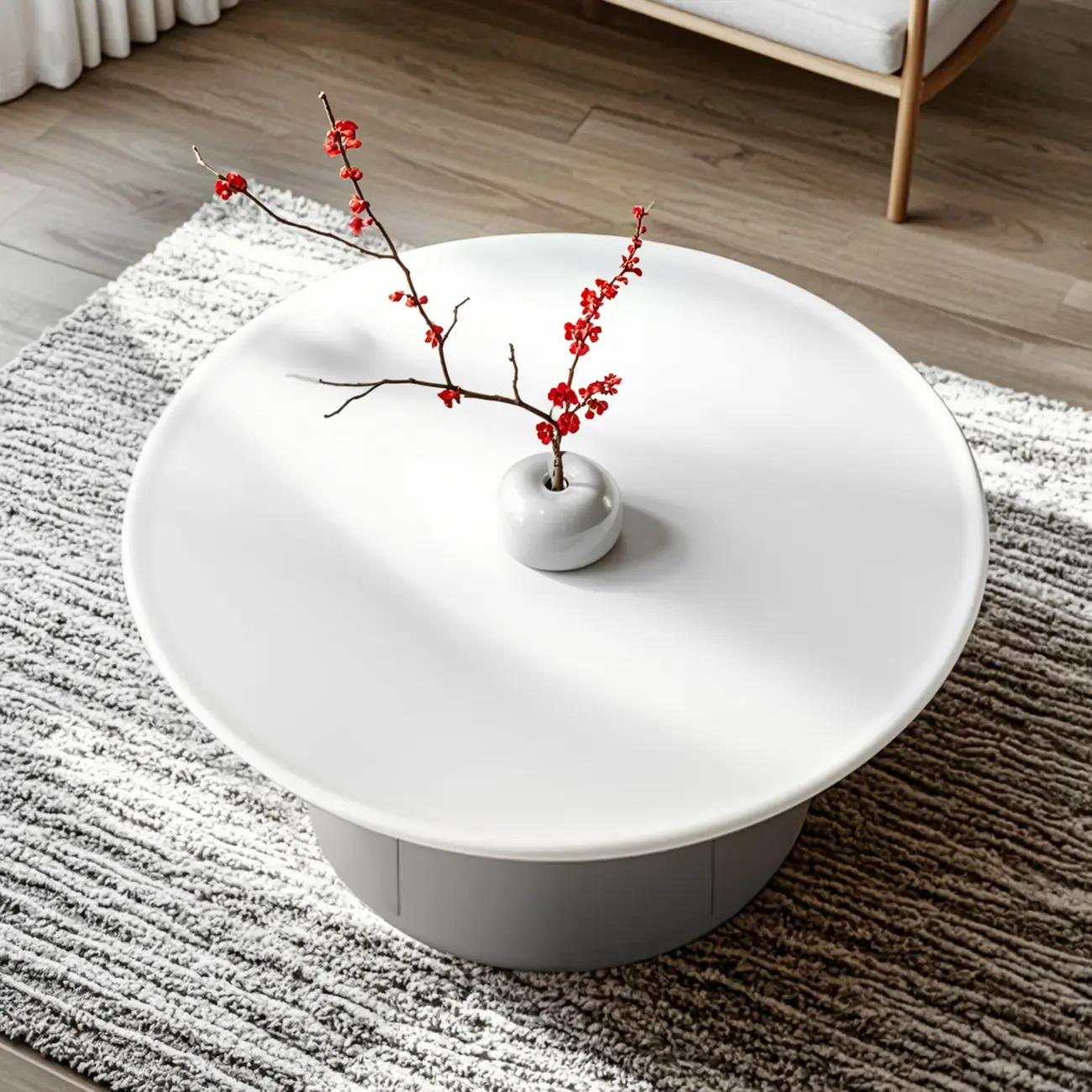 Gray White Round Minimal Wood Coffee Table with Drawer