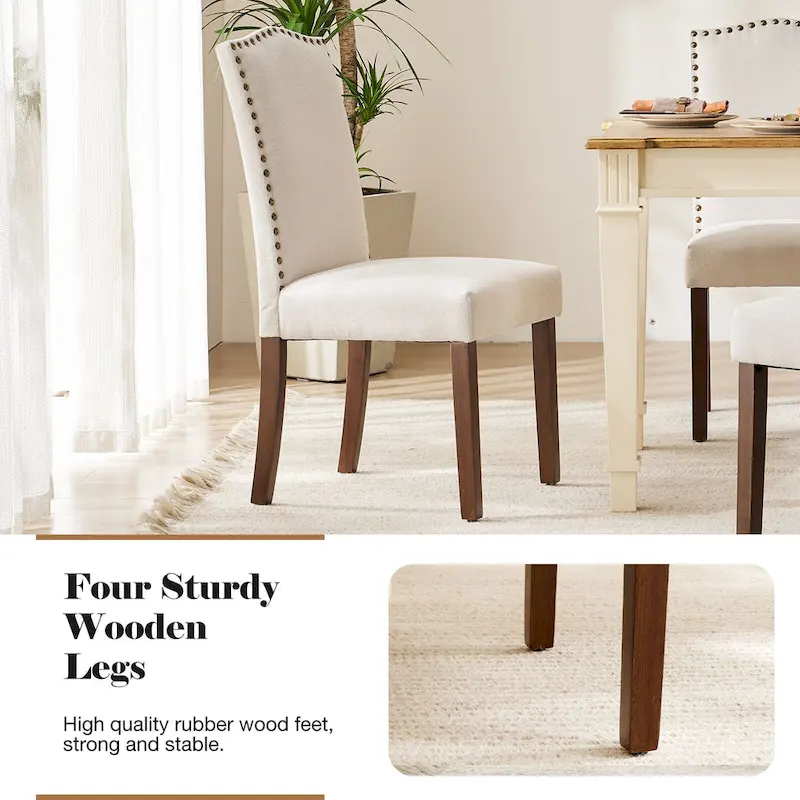 Upholstered Dining Chair Set of 2 with Nailhead Trim and Wood Legs