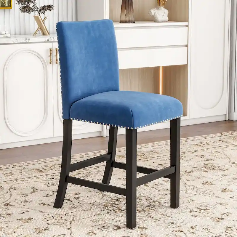 5-piece Counter Height Dining Table Set with One Faux Marble Top Dining Table and Four Velvet-Upholstered Chairs,Blue