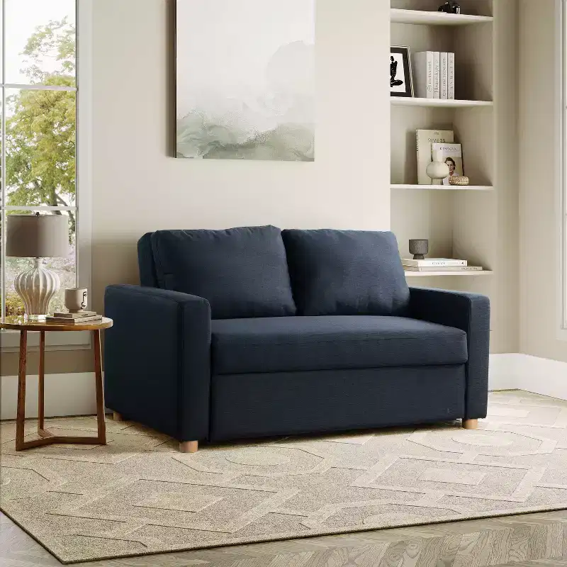 Serta Aurora Convertible Sofa Navy Woven: Lounger & Full Bed, Pocket Coil Cushions, Rubberwood Legs