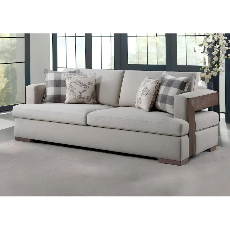 92 Beige Fabric Sofa And Toss Pillows With Brown Legs - 92