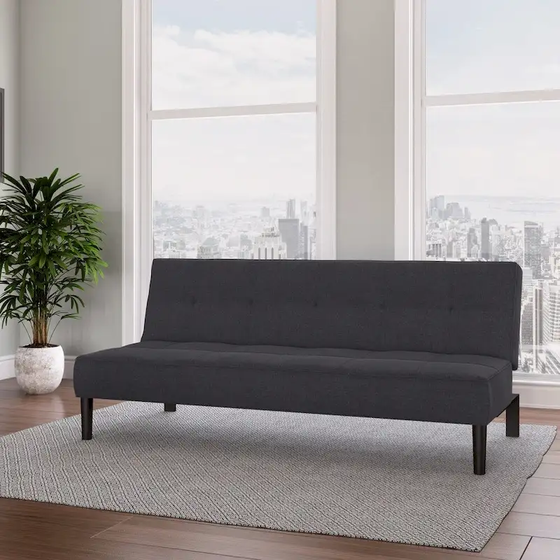 Dark Grey / Cinnamon Beige Fabric Convertible Futon Sofa Bed with Tufted Cushions – 2-Seater