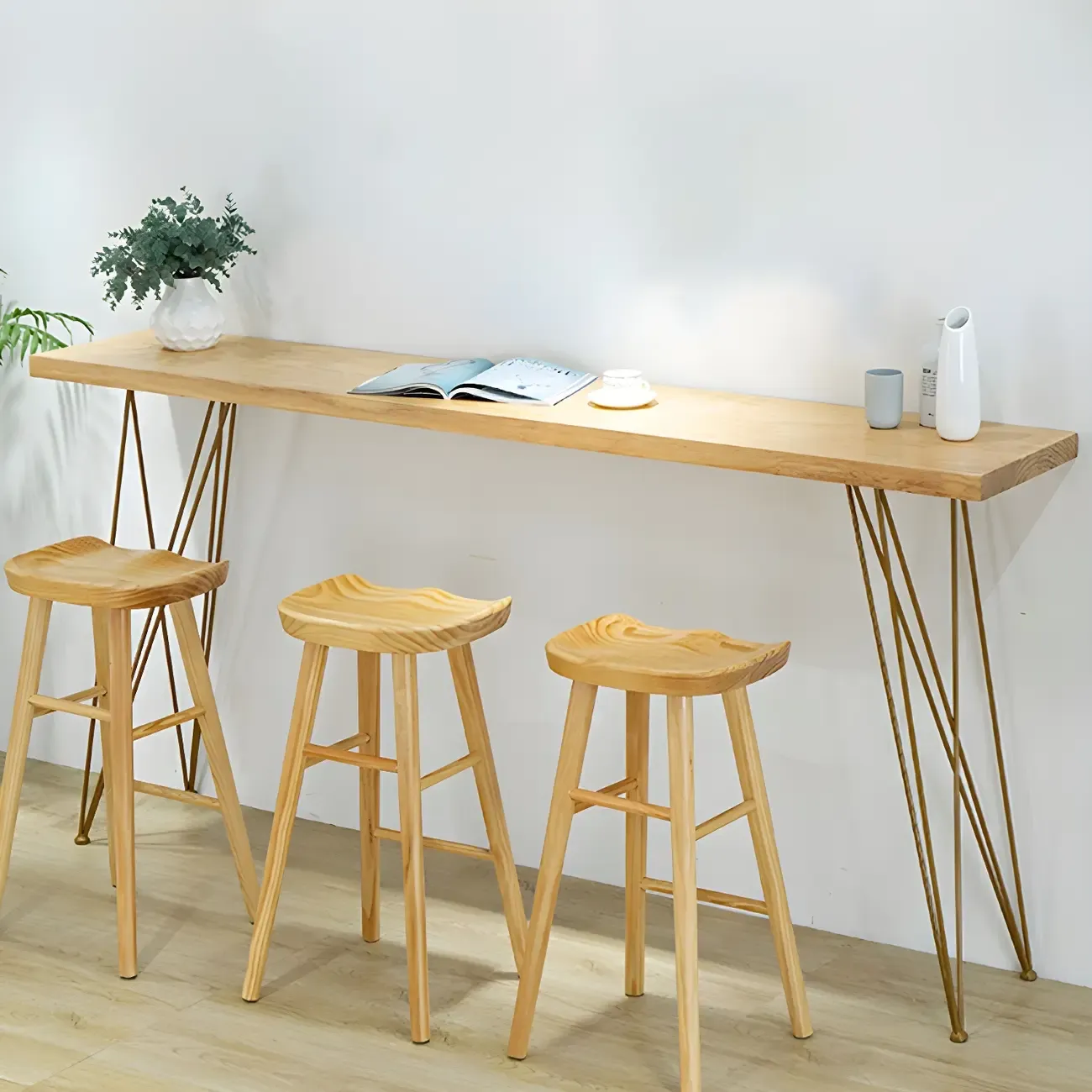 Elegant Long Bar Table with Wooden Stools