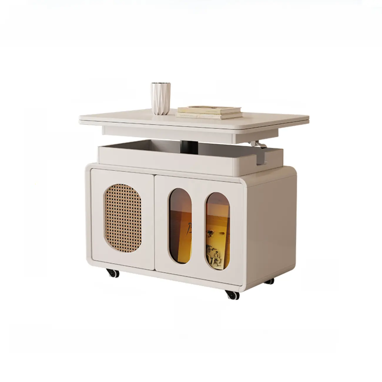 Elegant Brown Rolling Wood Side Table Adjustable Top