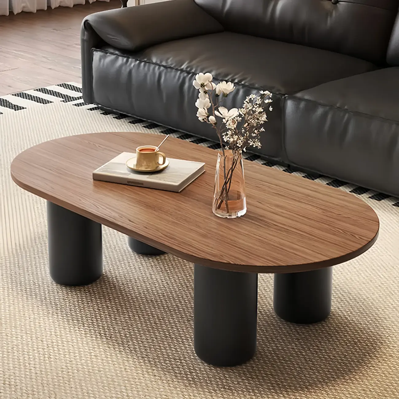 Living Room 4 Legs Simple Wood Stone Oval Coffee Table