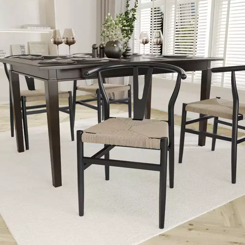 Emma and Oliver Set of 2 Y-Back Style Wooden Dining Chairs with Kraft Paper Rope Seats, Stackable Design