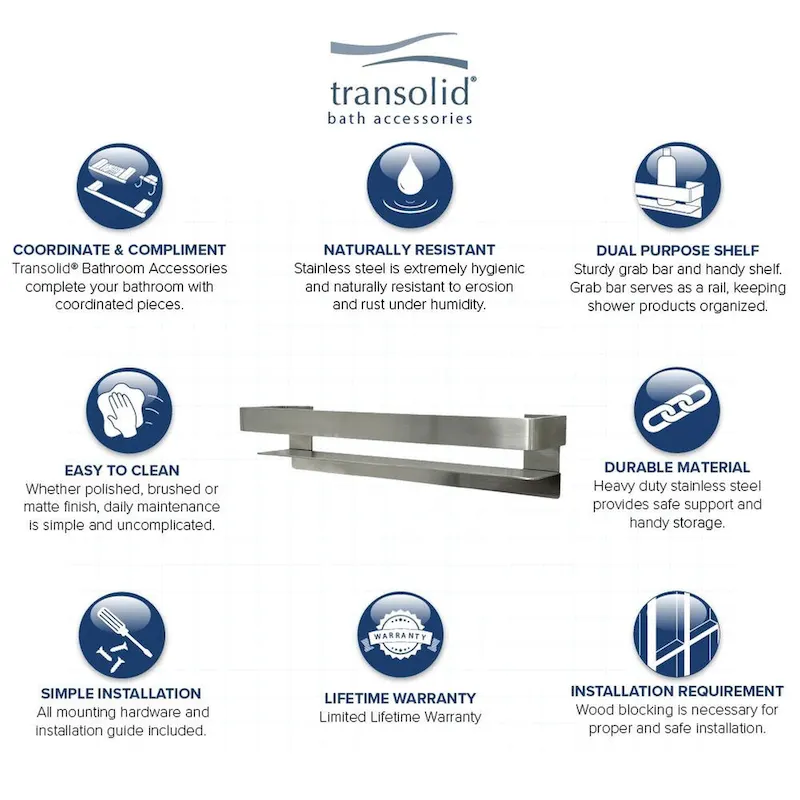 20-in Stainless Steel Grab Bar Shelf with Rail - Champagne Bronze / Polished Chrome / Brushed Stainless / Matte Black