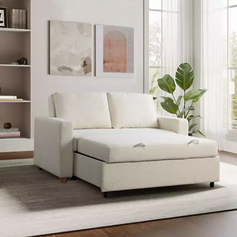 Serta Aurora Convertible Sofa Ivory Boucle: Lounger & Full Bed, Pocket Coils, Rubberwood Legs