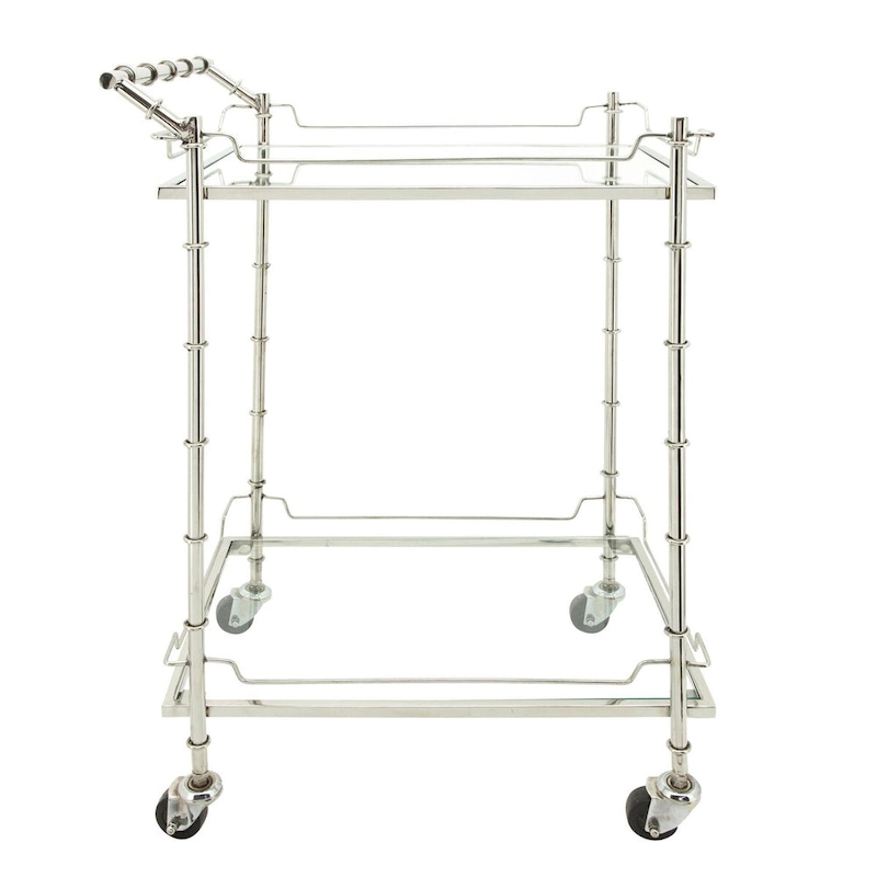 30 Silver Two Tier Rectangular Rolling Bar Cart with Glass Top