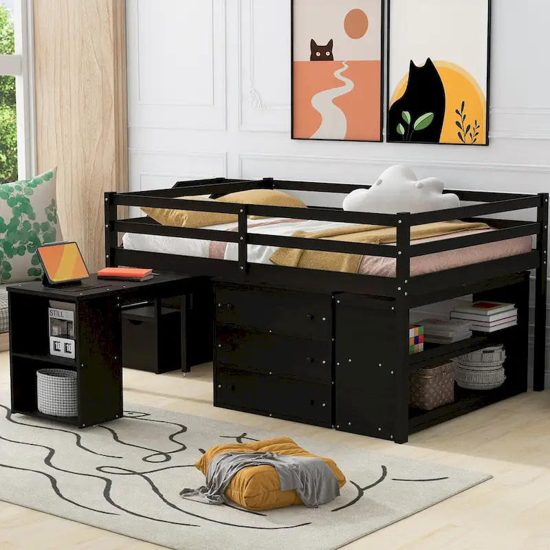 Espresso/Gray/White Full Size Loft Bed with Desk, Drawers & Shelves, for 1
