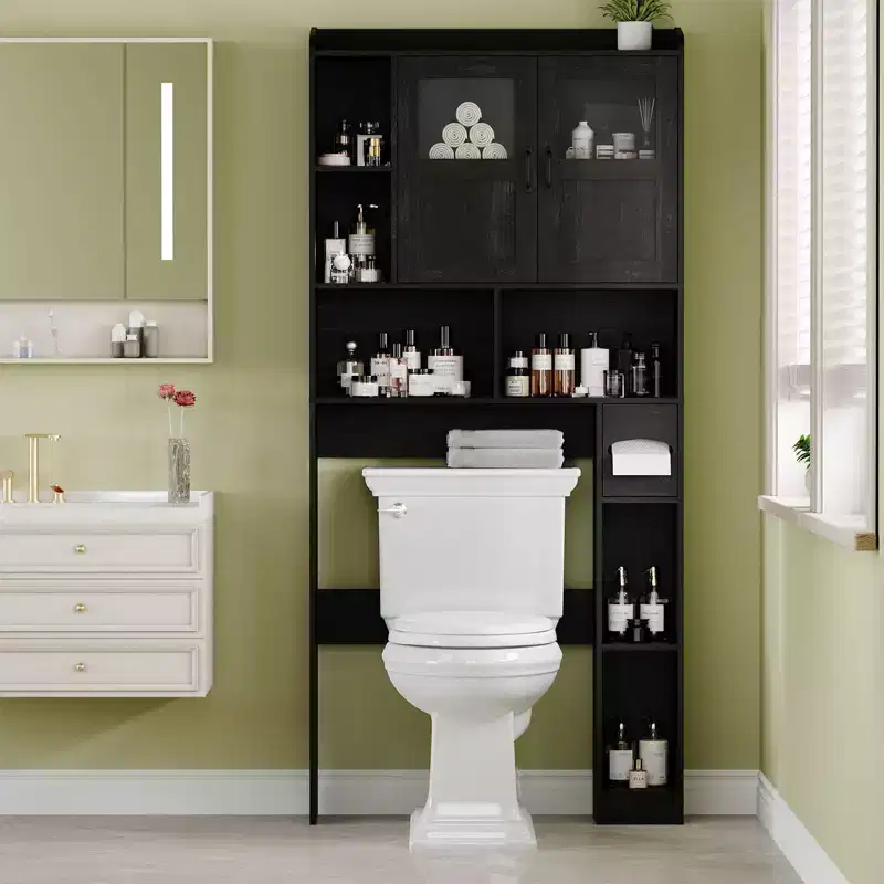 Modern Over Toilet Storage Cabinet, Glass Door & Sliding Barn Doors, Adjustable Shelf, for Laundry Room, Bathroom